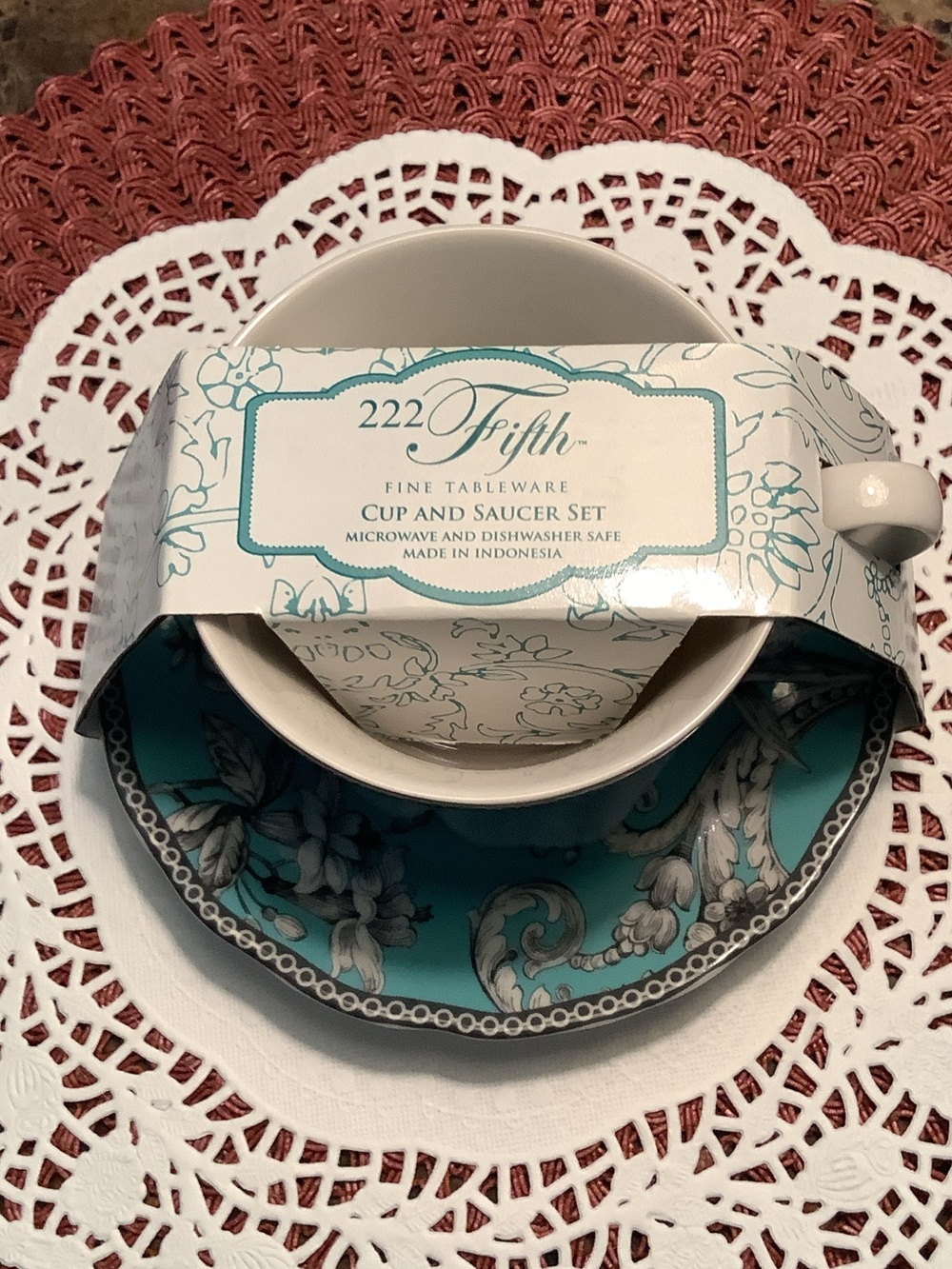 NEW 222 Fifth Adelaide Teal and White Floral Footed Cup & Saucer Set